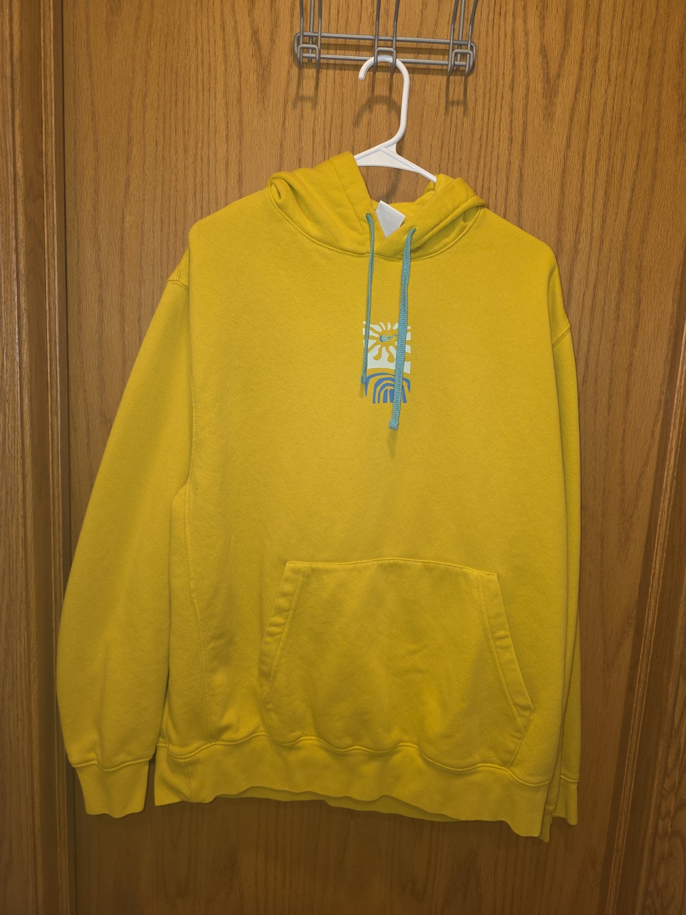 Nike Yellow Hoodie with Blue Drawcords and Chest Graphic